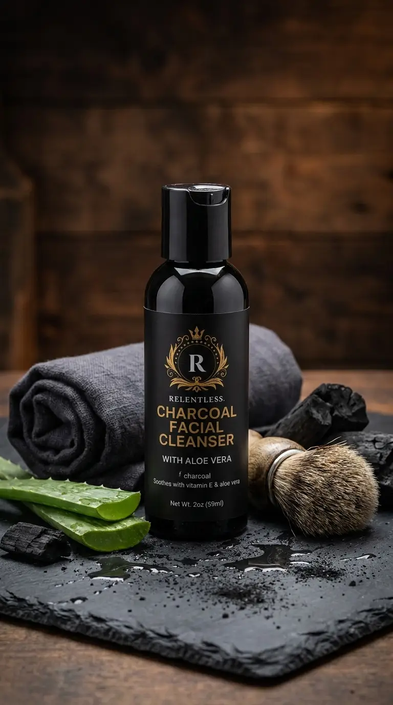 Relentless Men Charcoal Facial Cleanser on slate with charcoal